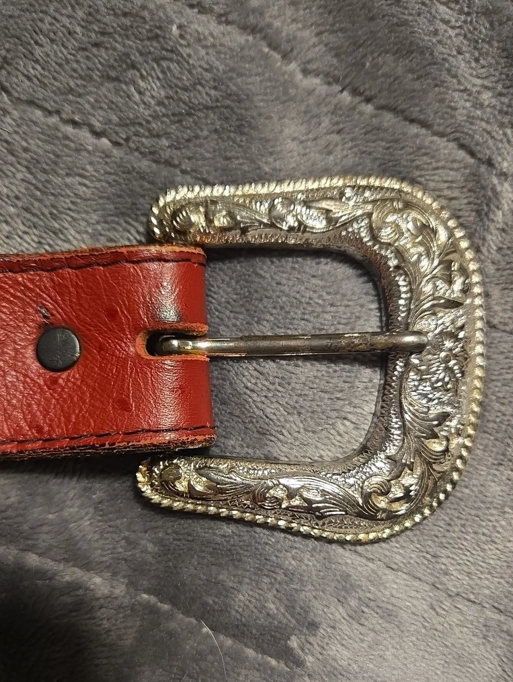Tex Tan-Red Cowhide Western Belt with Stud and Floral Details-Size Medium
